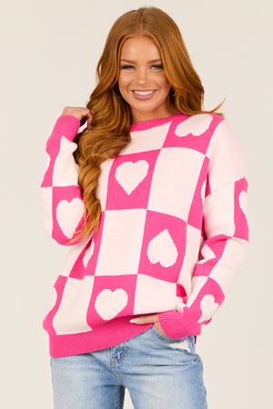 Magenta Checkered Heart Print Sweater