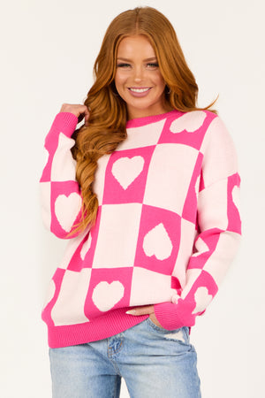 Magenta Checkered Heart Print Sweater