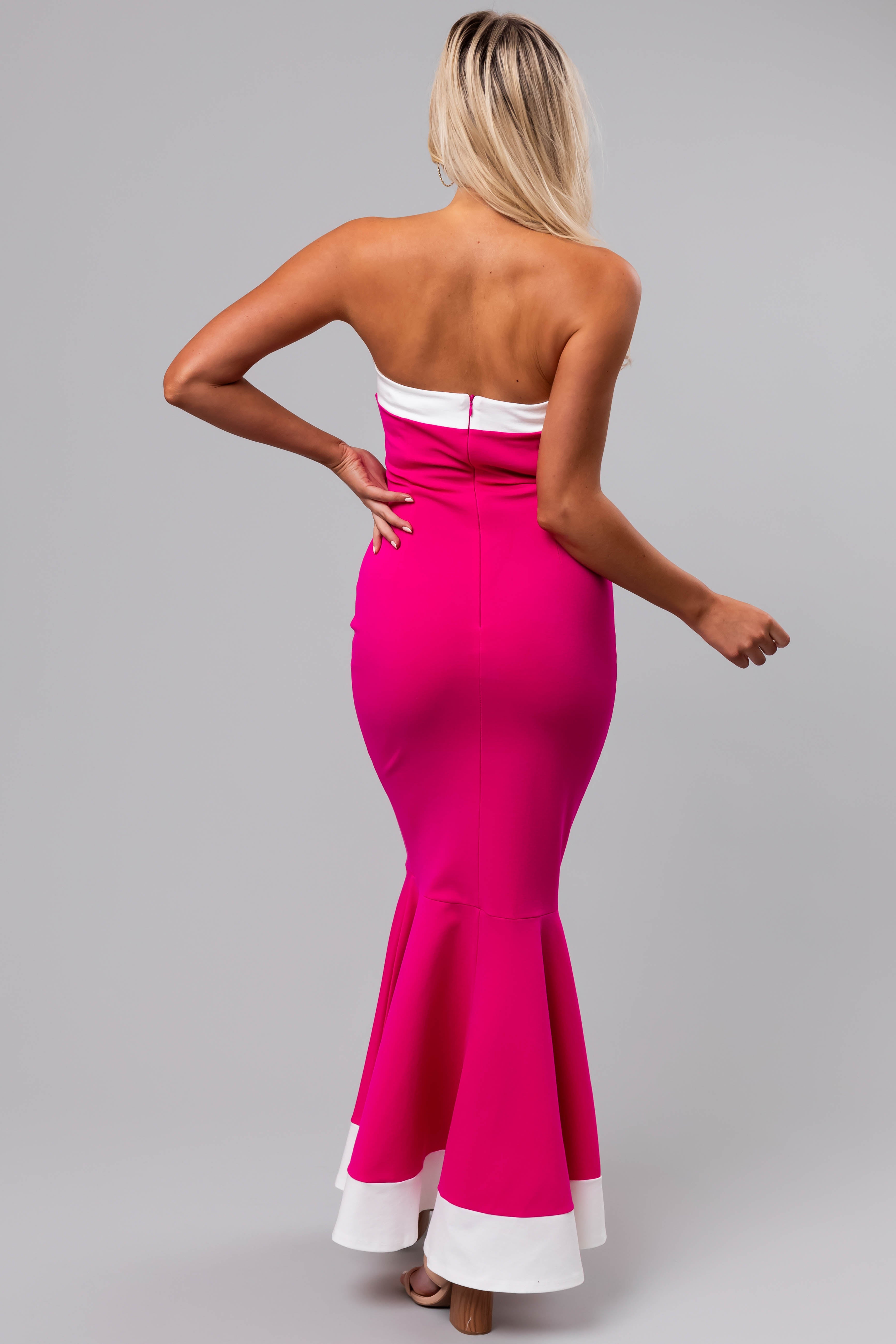 Magenta Contrast Strapless Midi Dress