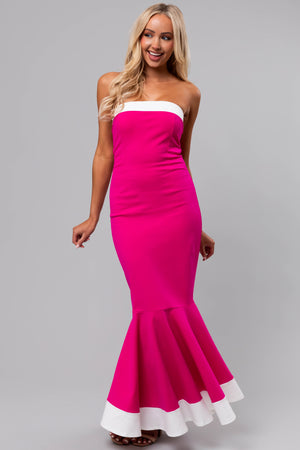 Magenta Contrast Strapless Midi Dress