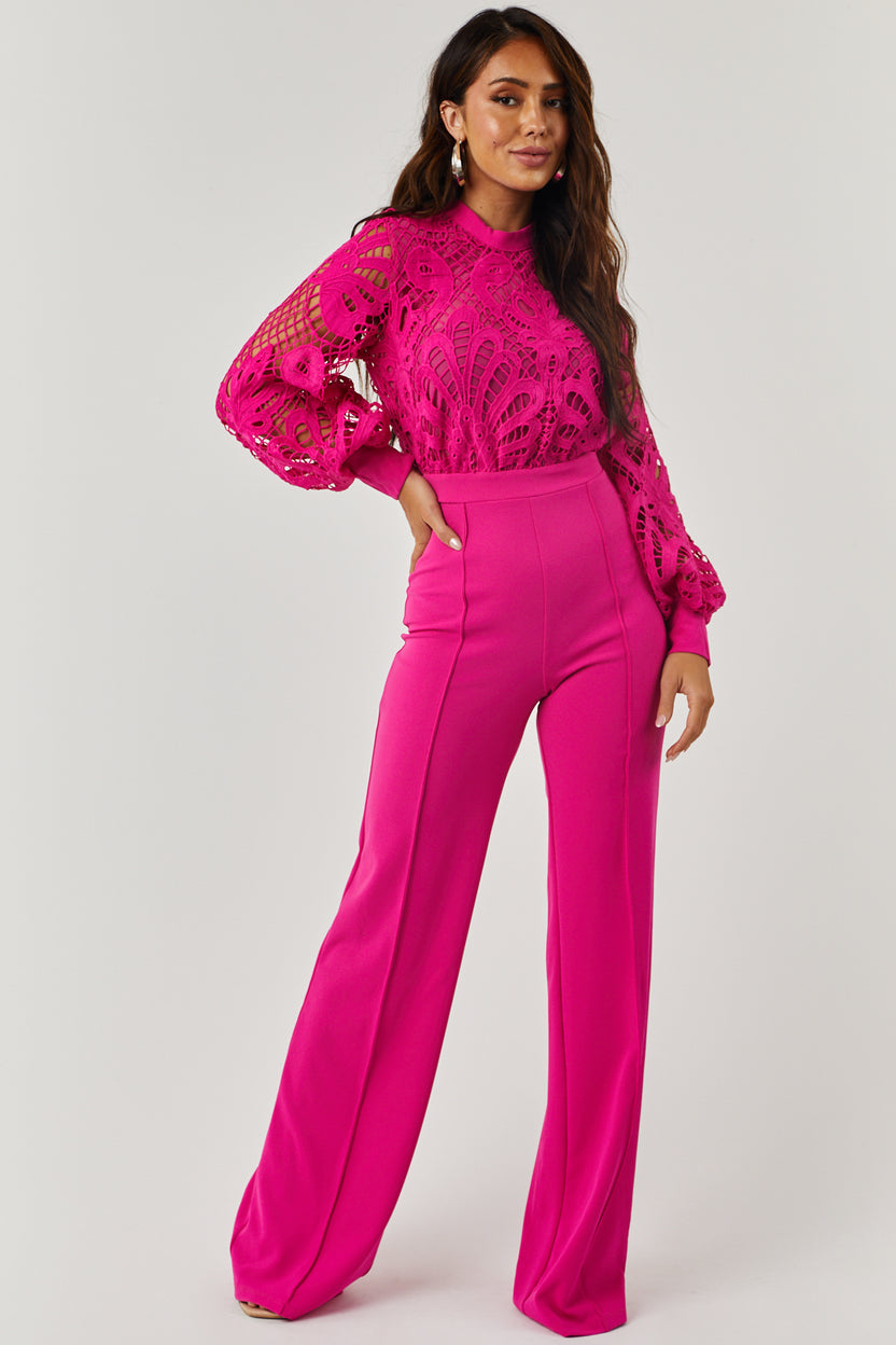 Magenta Crochet Bubble Long Sleeve Jumpsuit