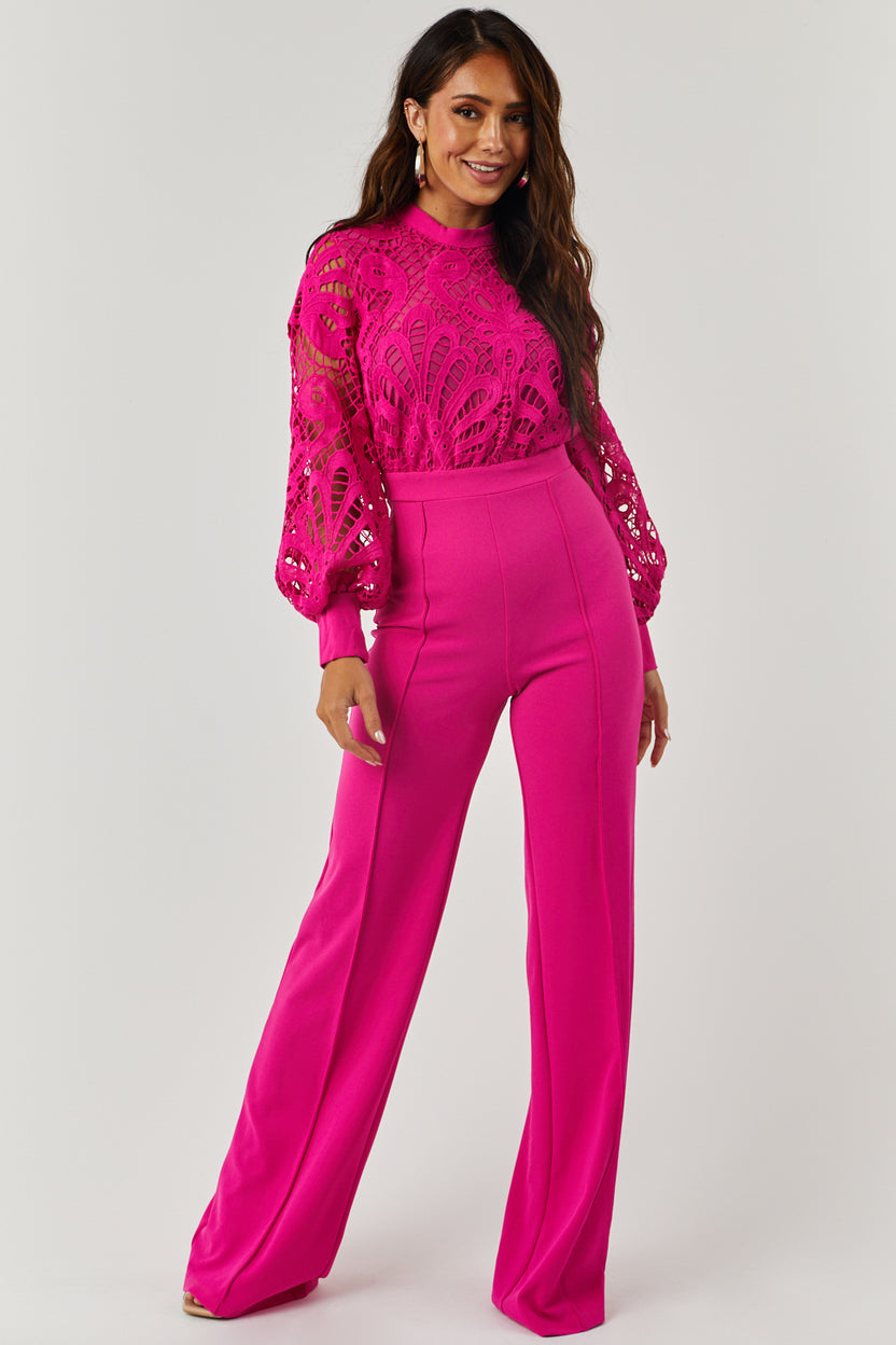 Magenta Crochet Bubble Long Sleeve Jumpsuit