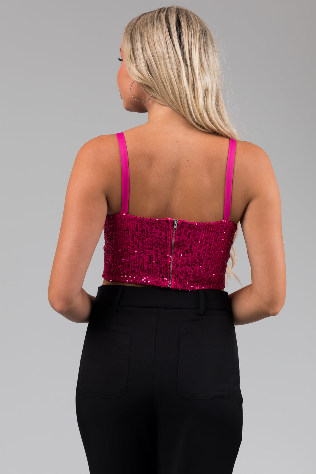 Magenta Cut Out Sequined Cropped Tank Top