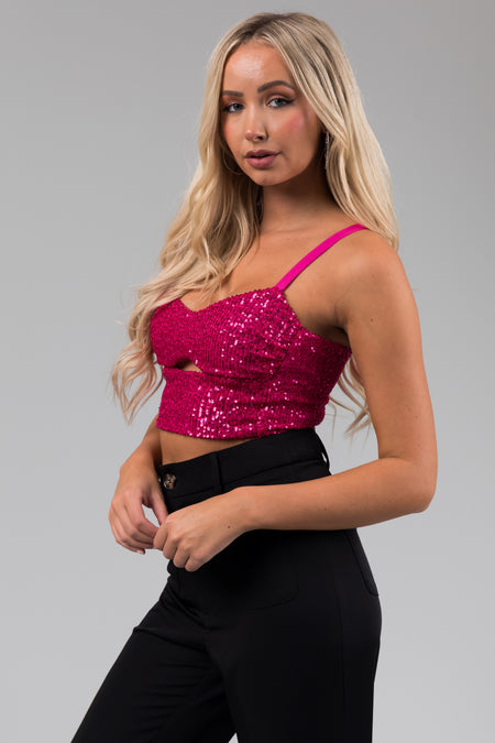 Magenta Cut Out Sequined Cropped Tank Top