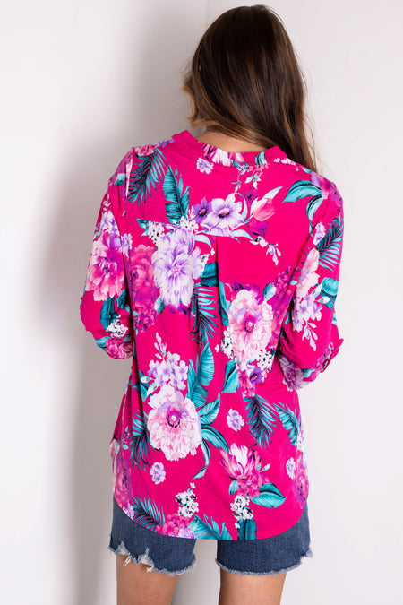 Magenta Floral Print 3/4 Sleeve V Neck Top