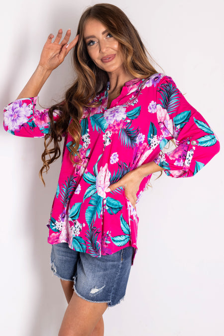 Magenta Floral Print 3/4 Sleeve V Neck Top