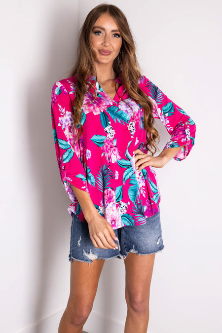 Magenta Floral Print 3/4 Sleeve V Neck Top