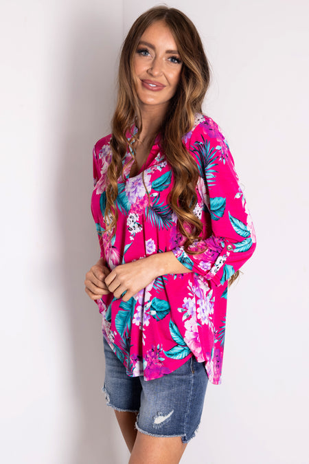 Magenta Floral Print 3/4 Sleeve V Neck Top