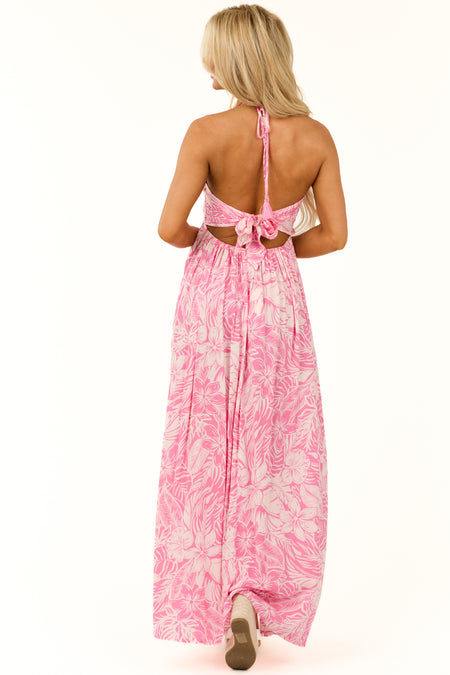 Magenta Floral Print Deep V Neck Maxi Dress