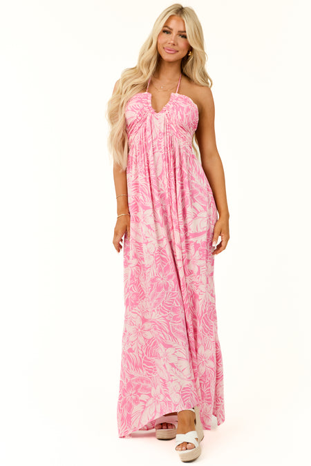 Magenta Floral Print Deep V Neck Maxi Dress