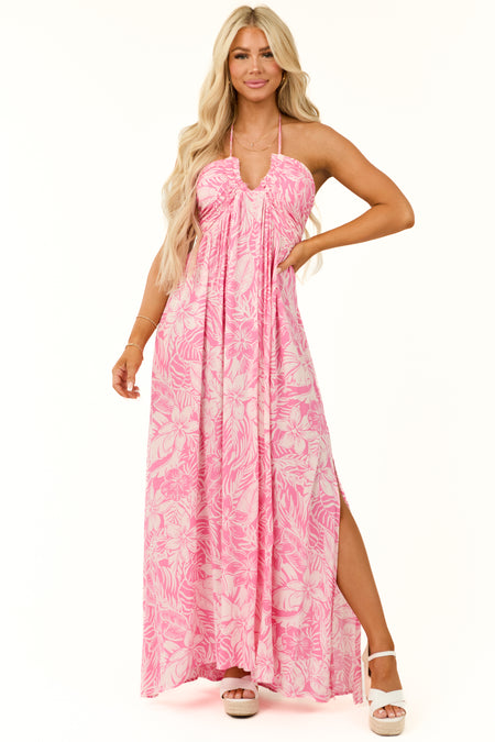 Magenta Floral Print Deep V Neck Maxi Dress