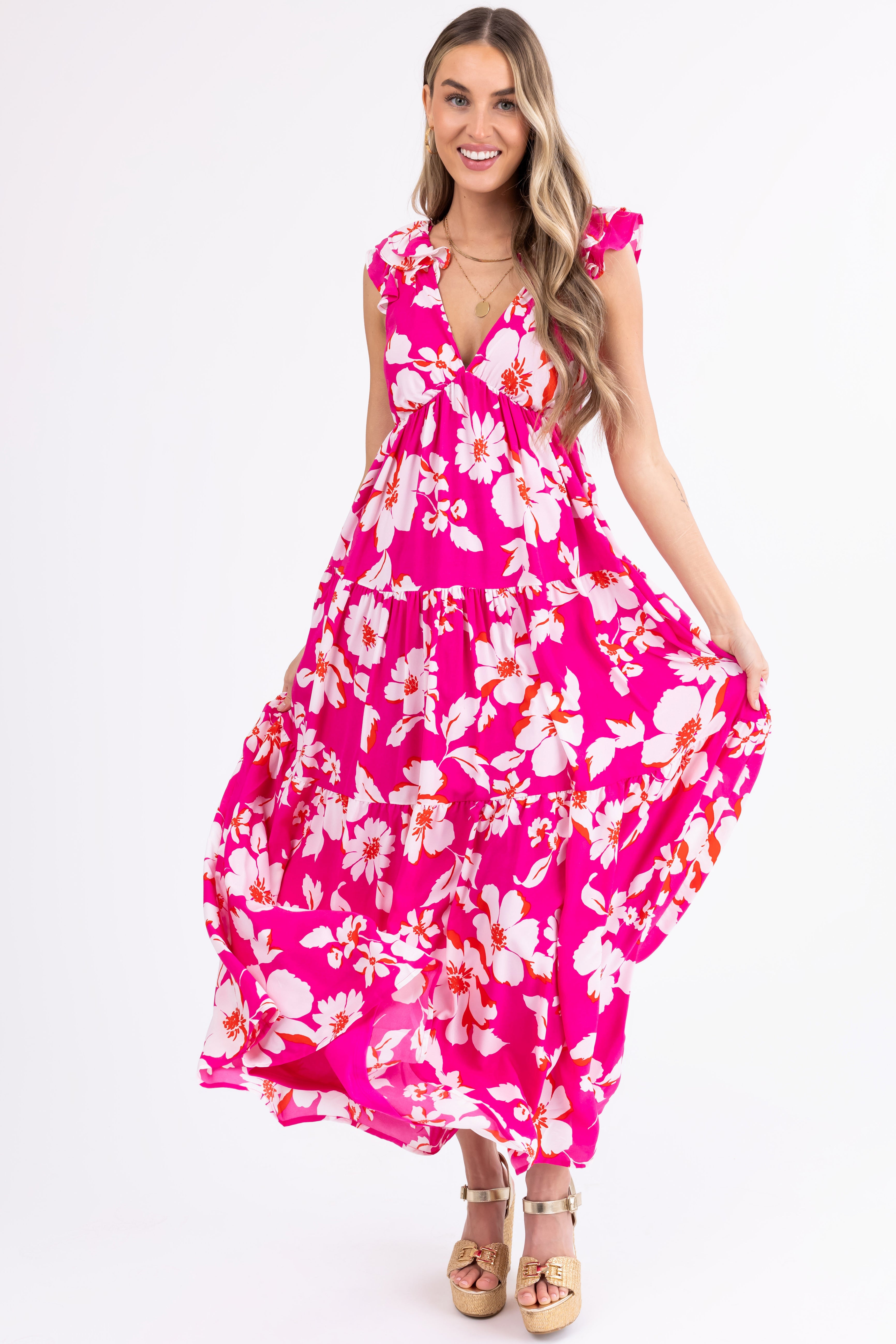 Magenta Floral Print Open Back Maxi Dress Lime Lush Boutique