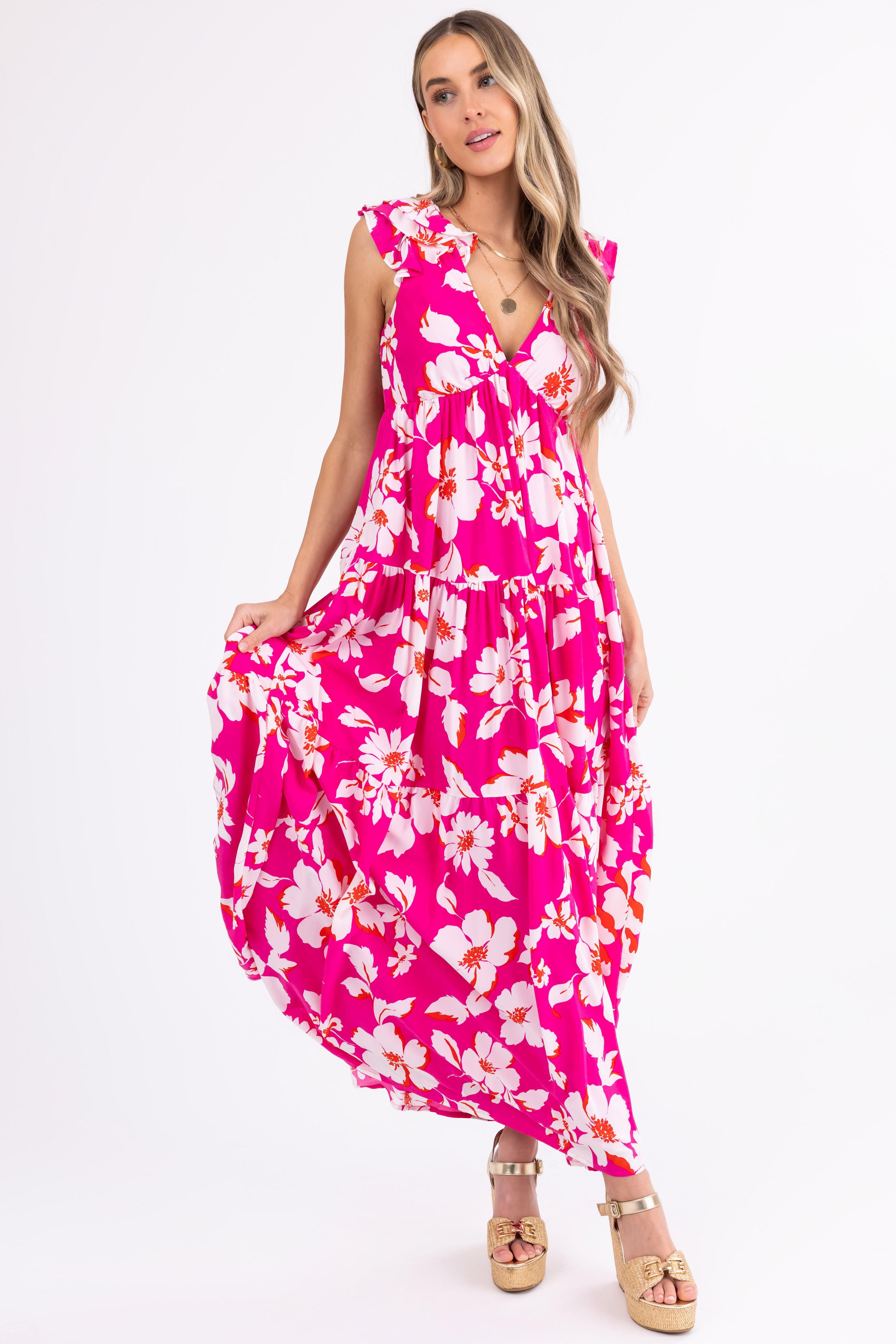 Magenta Floral Print Open Back Maxi Dress