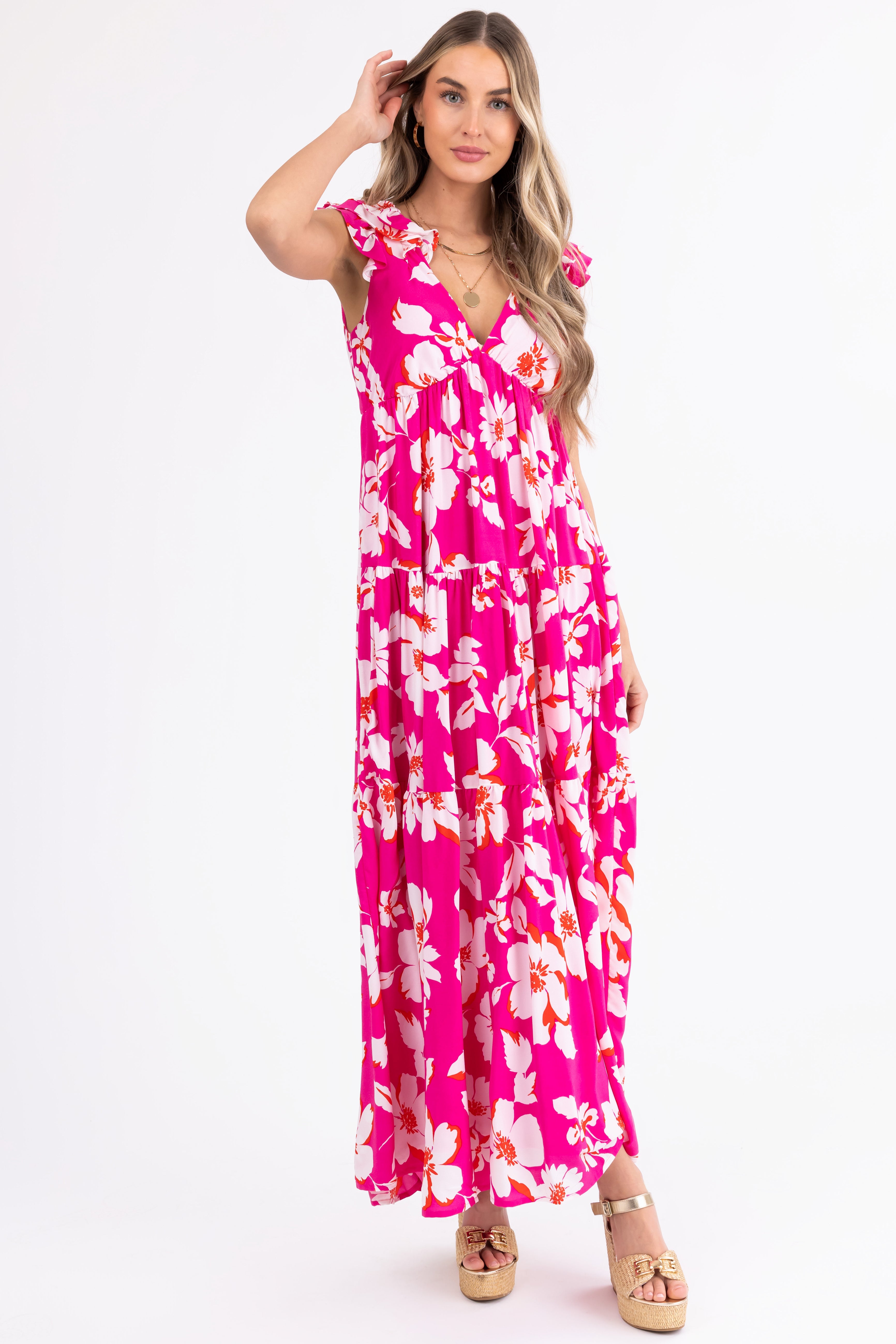 Magenta Floral Print Open Back Maxi Dress