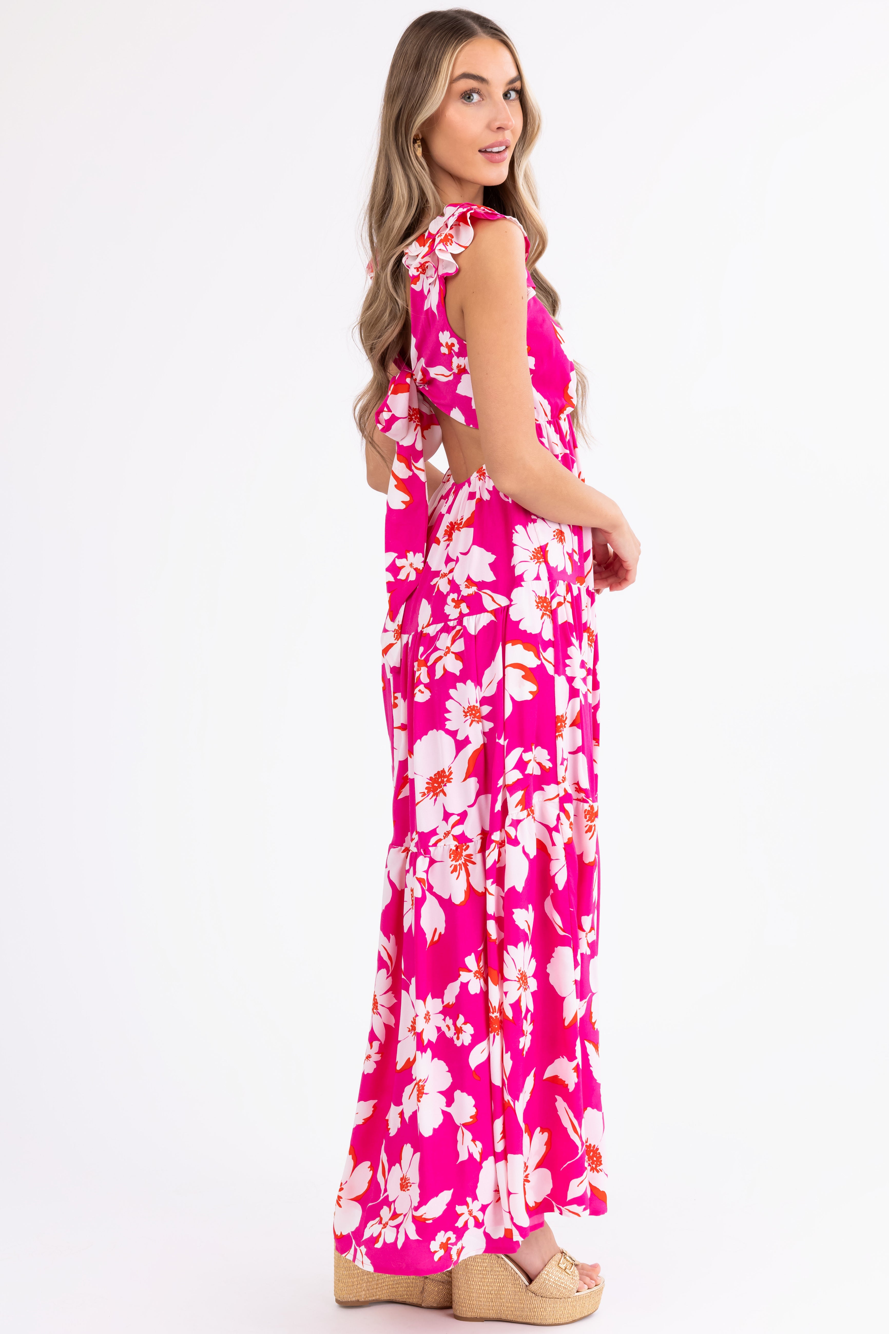 Magenta Floral Print Open Back Maxi Dress