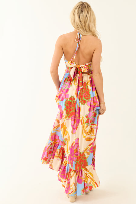 Magenta Floral Smocked Bust Tie Back Maxi Dress