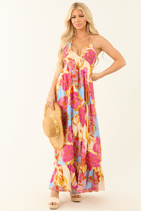 Magenta Floral Smocked Bust Tie Back Maxi Dress