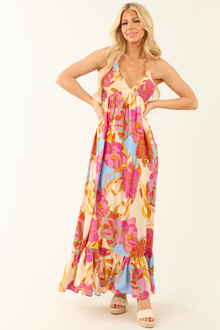 Magenta Floral Smocked Bust Tie Back Maxi Dress