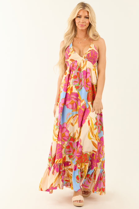 Magenta Floral Smocked Bust Tie Back Maxi Dress