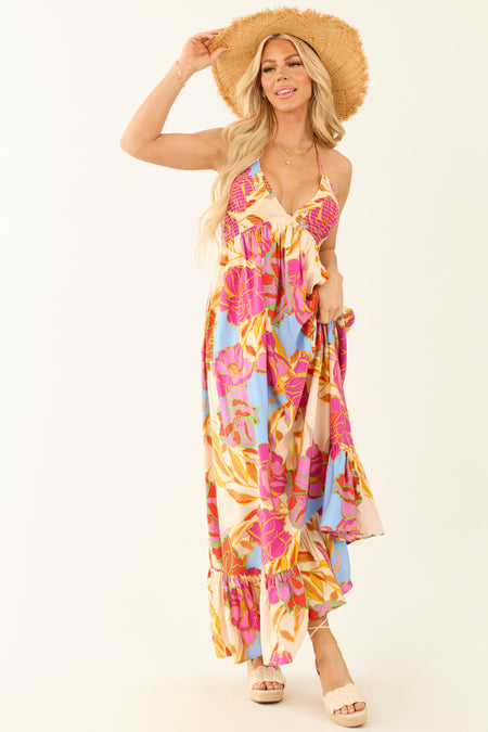 Magenta Floral Smocked Bust Tie Back Maxi Dress