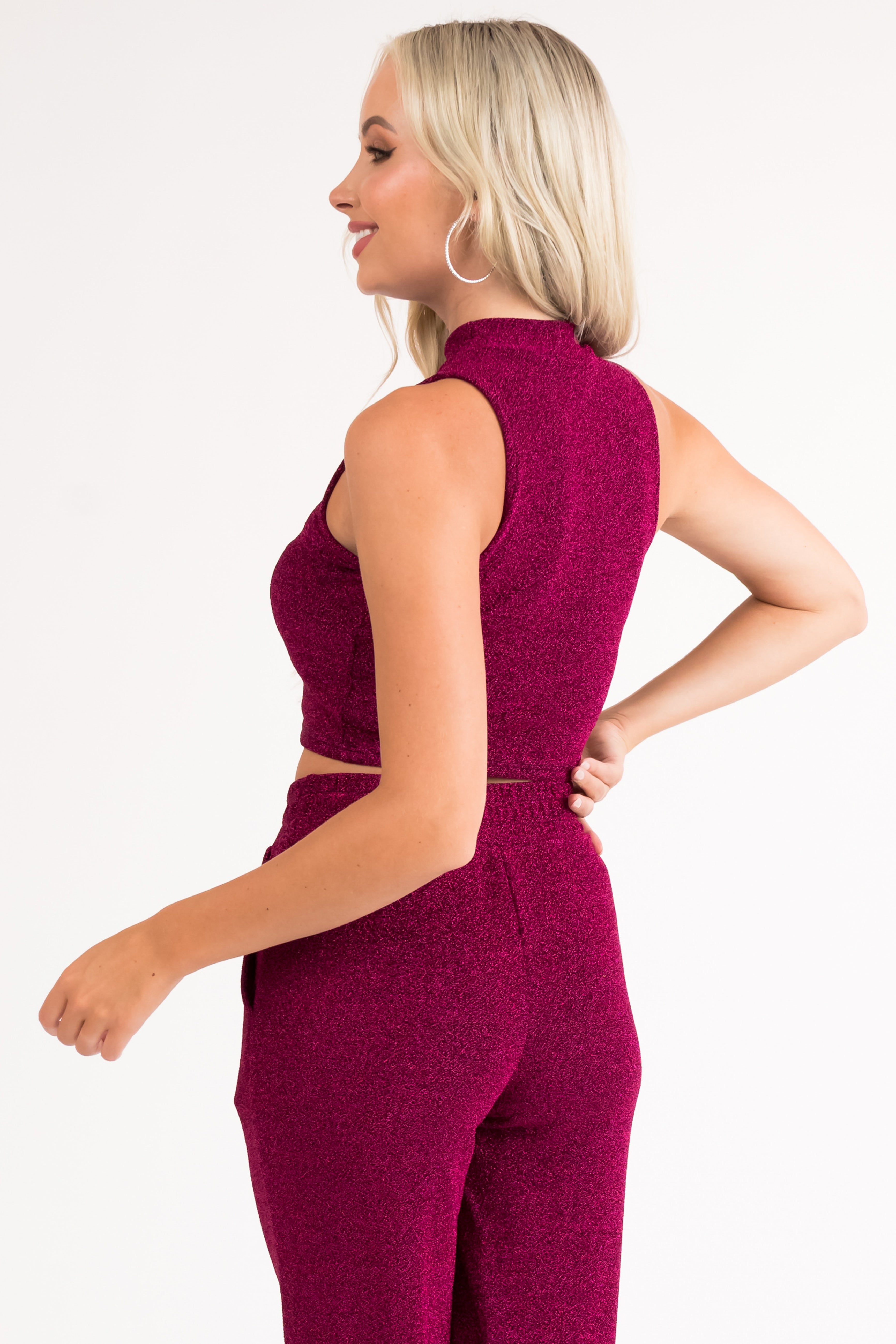 Magenta Glitter Sleeveless Lurex Crop Top