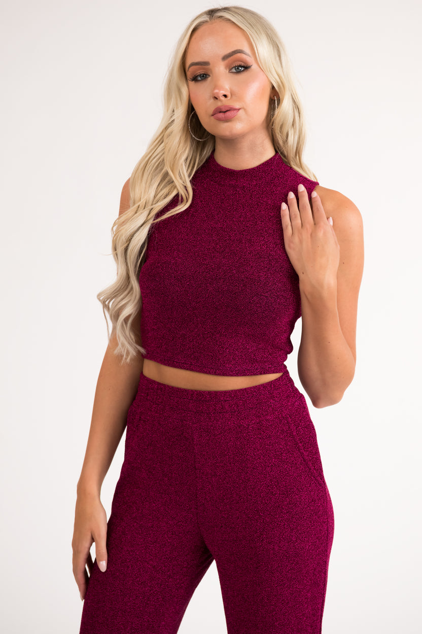 Magenta Glitter Sleeveless Lurex Crop Top