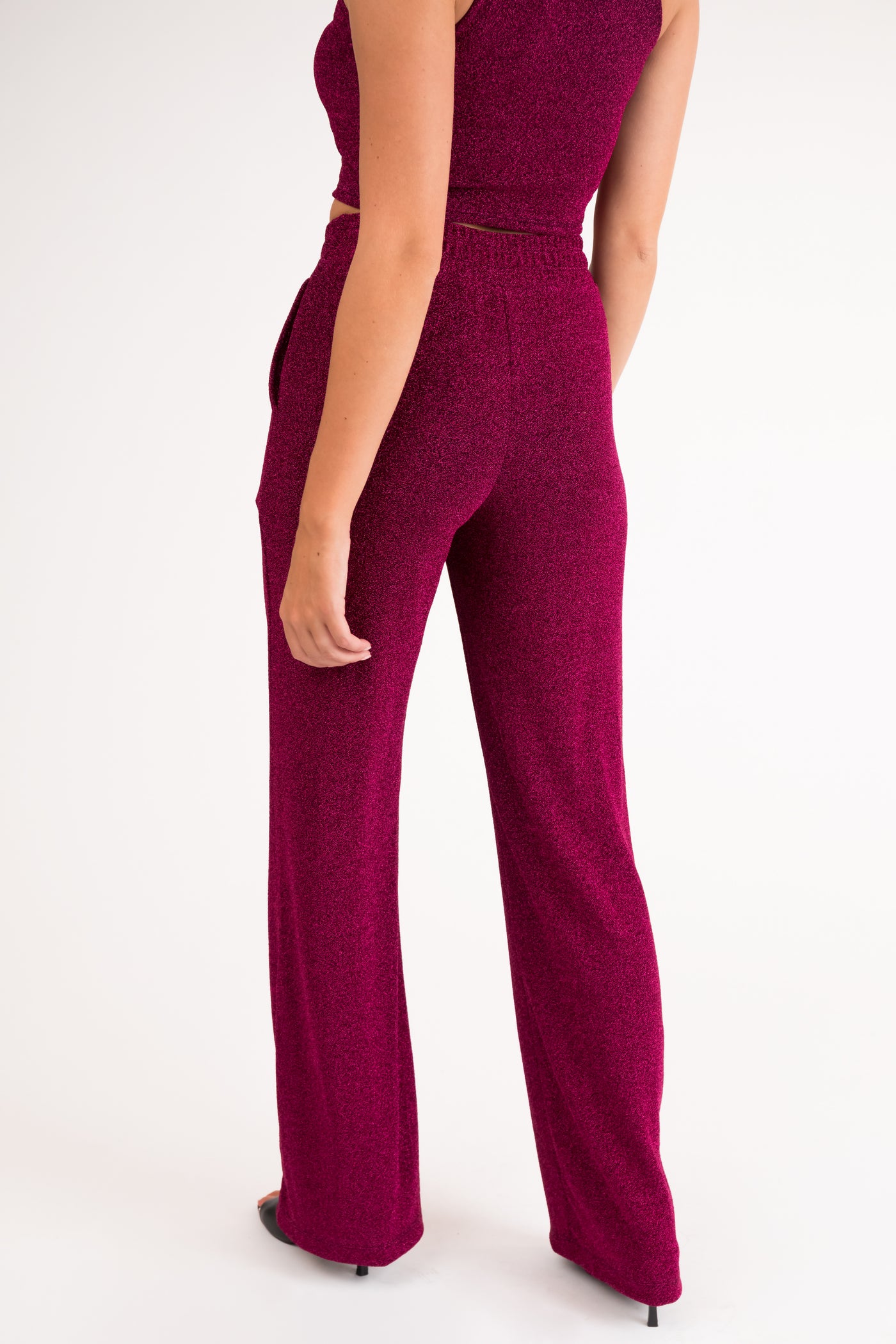 Magenta Glitter Wide Leg Stretchy Lurex Pants