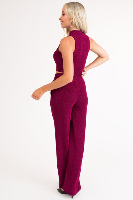 Magenta Glitter Wide Leg Stretchy Lurex Pants