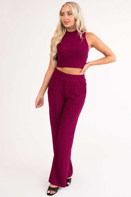 Magenta Glitter Wide Leg Stretchy Lurex Pants