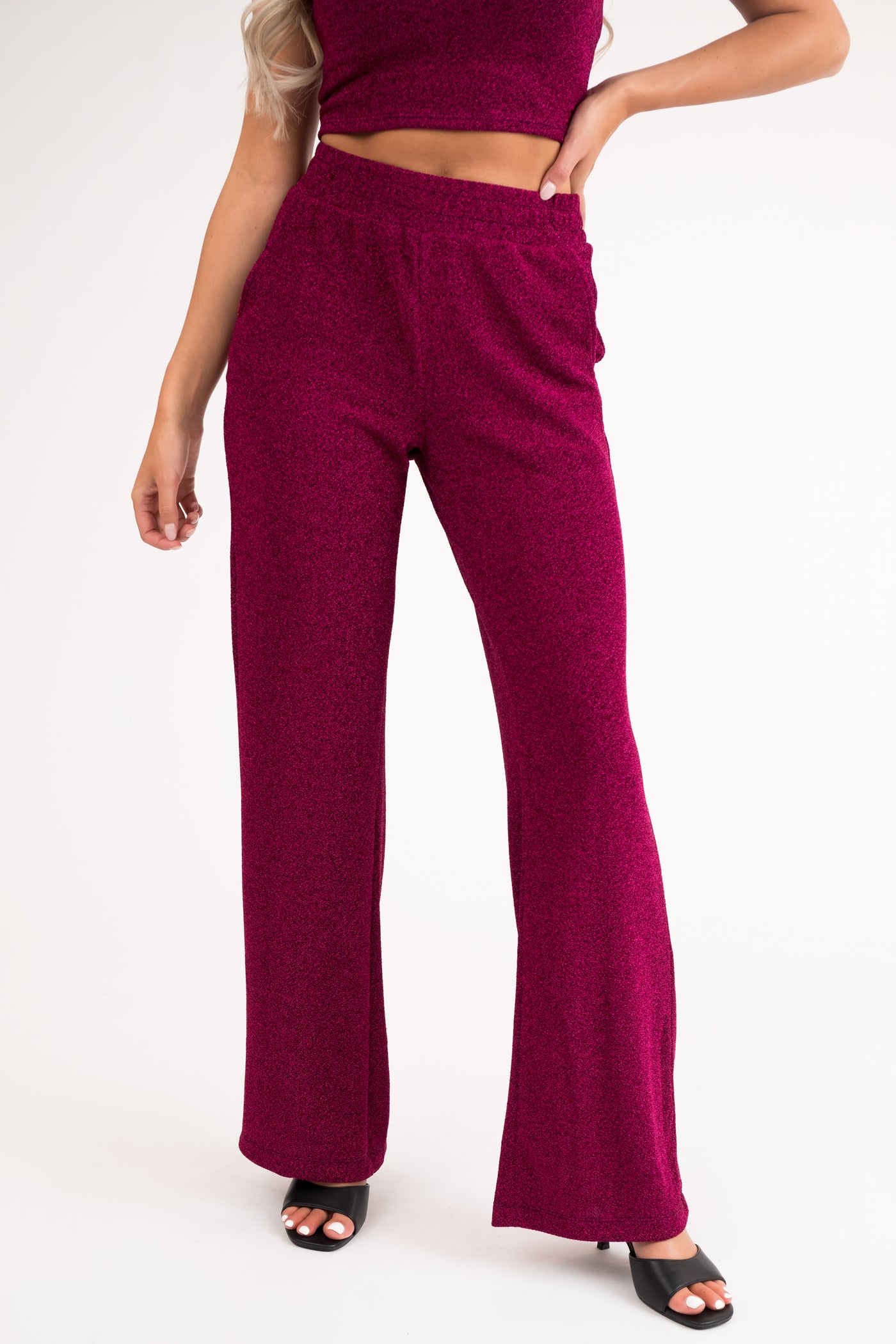 Magenta Glitter Wide Leg Stretchy Lurex Pants