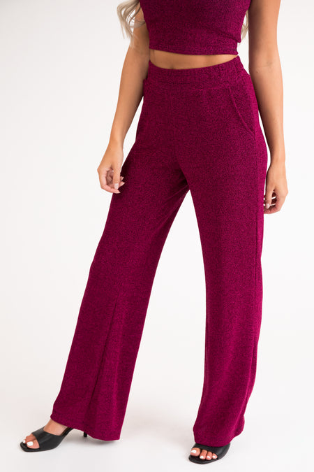 Magenta Glitter Wide Leg Stretchy Lurex Pants