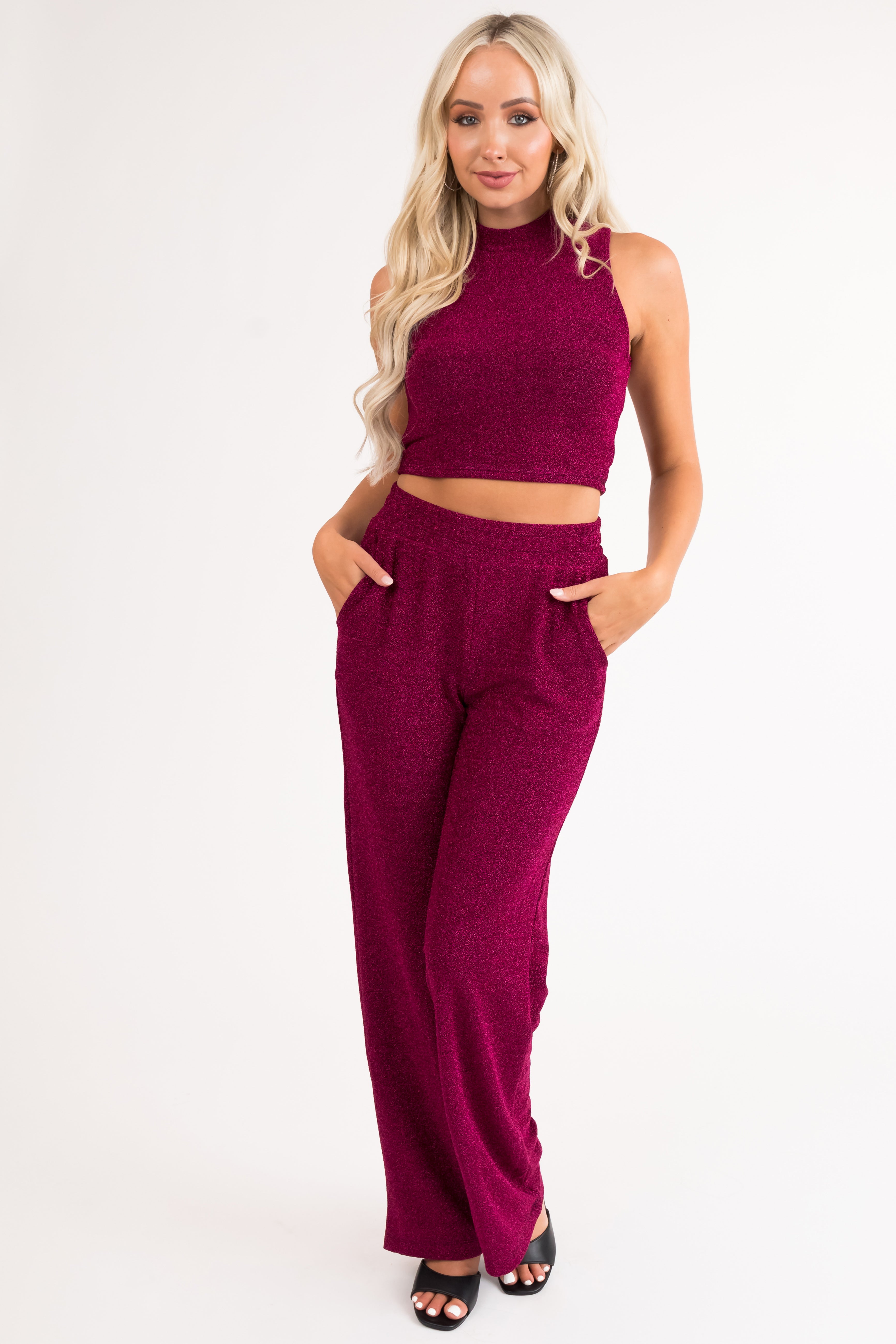 Magenta Glitter Wide Leg Stretchy Lurex Pants