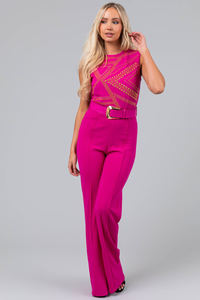 Magenta Gold Studded Sleeveless Jumpsuit