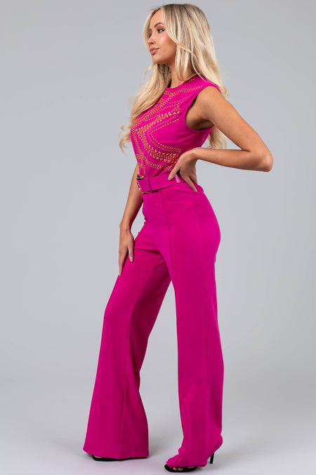 Magenta Gold Studded Sleeveless Jumpsuit