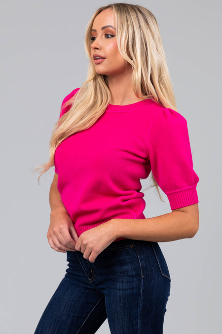 Magenta Half Puff Sleeve Solid Sweater