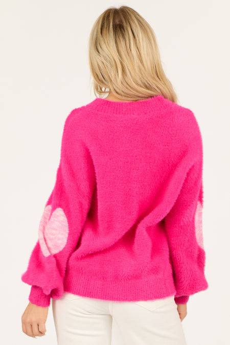 Magenta Heart Pattern Fuzzy Knit Sweater