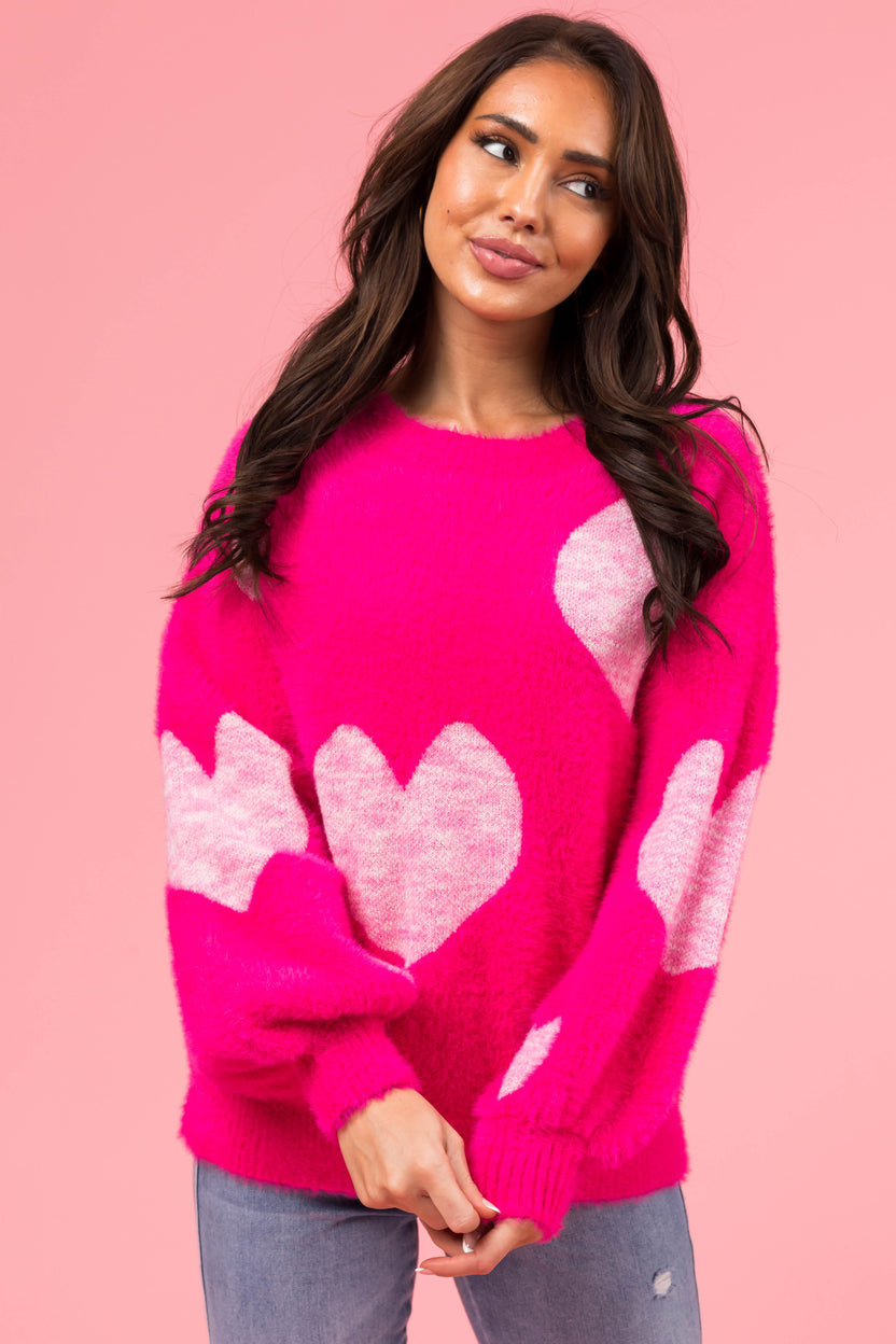 Magenta Heart Pattern Fuzzy Knit Sweater