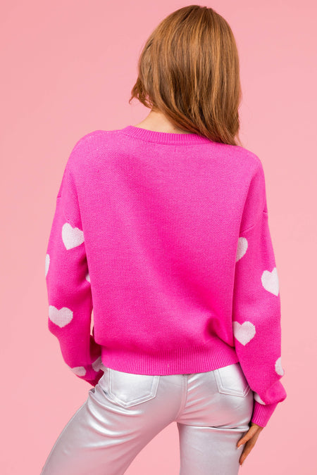 Magenta Heart Pattern Soft Crew Neck Sweater