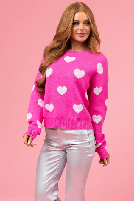 Magenta Heart Pattern Soft Crew Neck Sweater