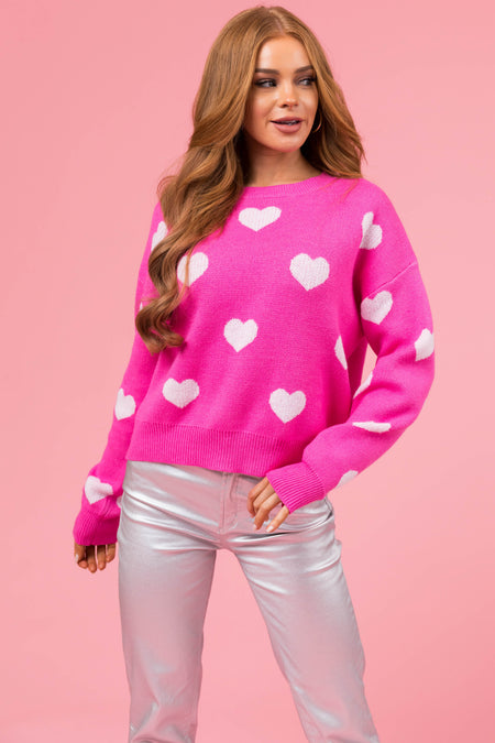 Magenta Heart Pattern Soft Crew Neck Sweater