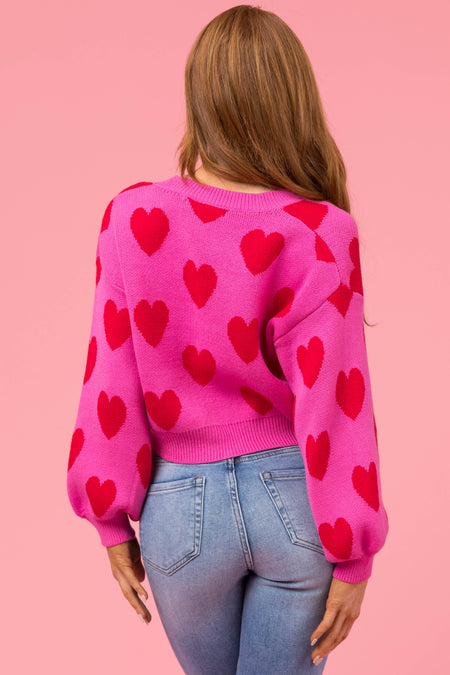 Magenta Heart Print Button Down Cardigan