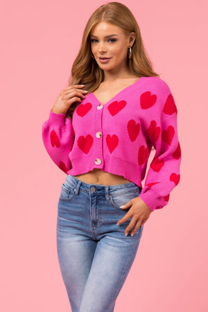 Magenta Heart Print Button Down Cardigan