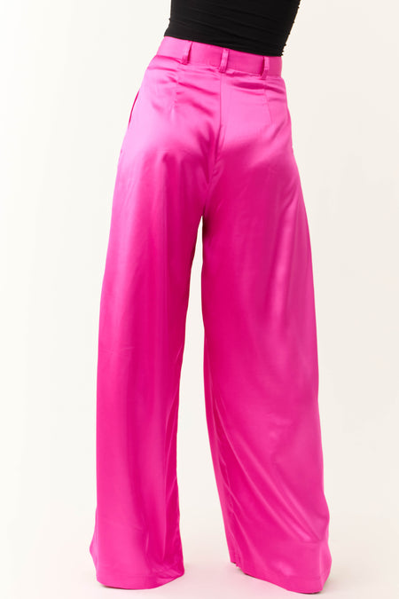 Magenta High Rise Wide Leg Satin Trousers