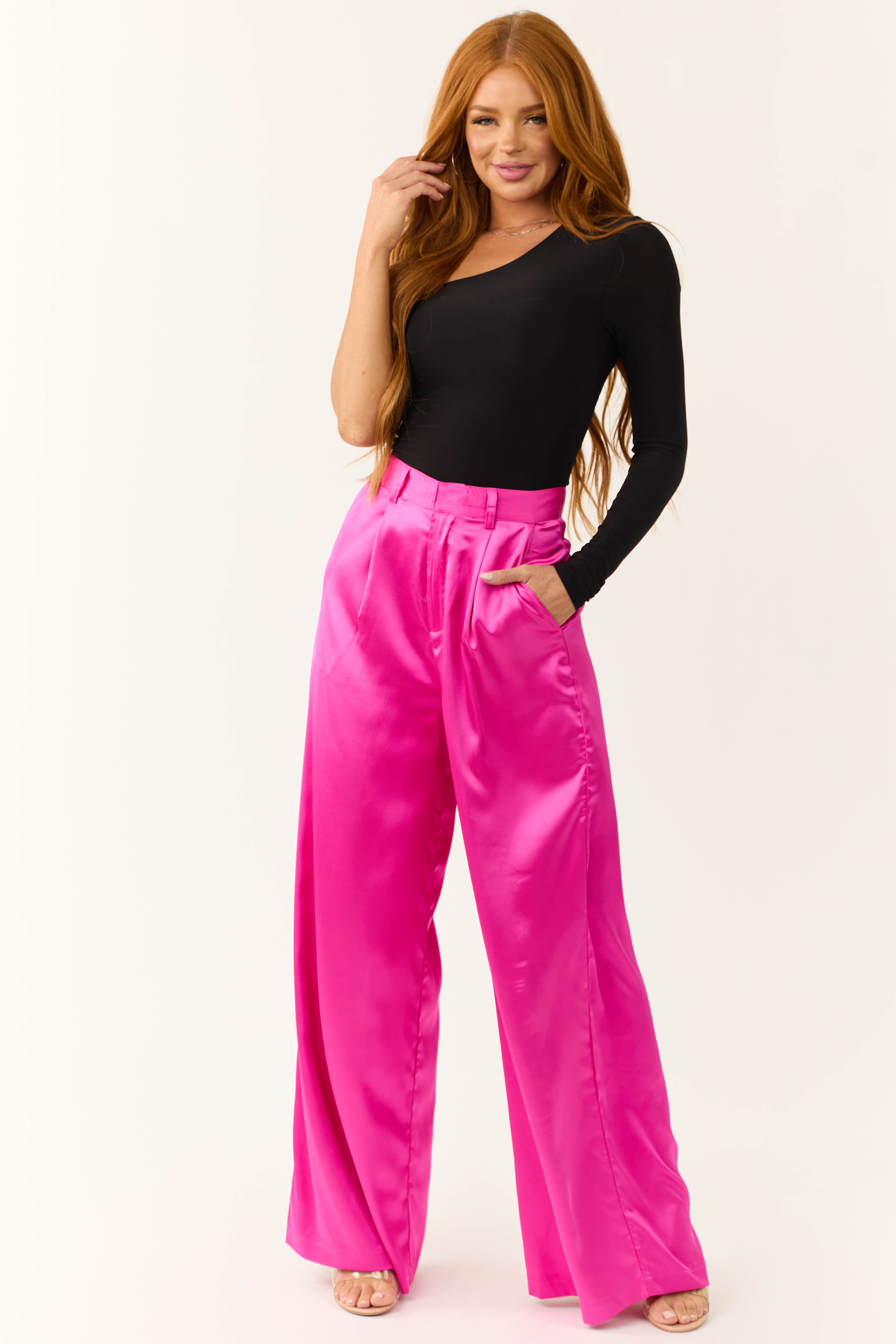 Magenta High Rise Wide Leg Satin Trousers