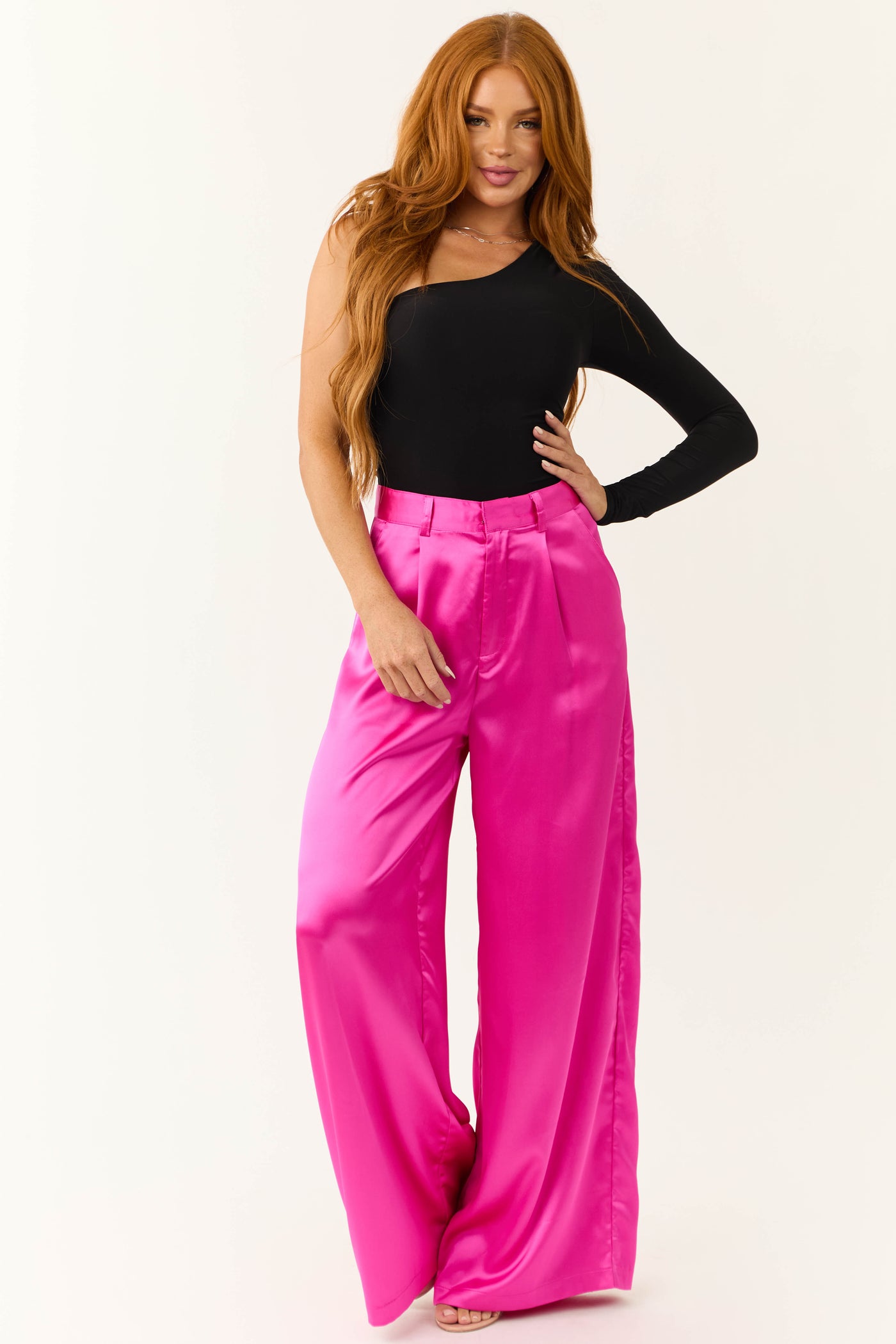 Magenta High Rise Wide Leg Satin Trousers