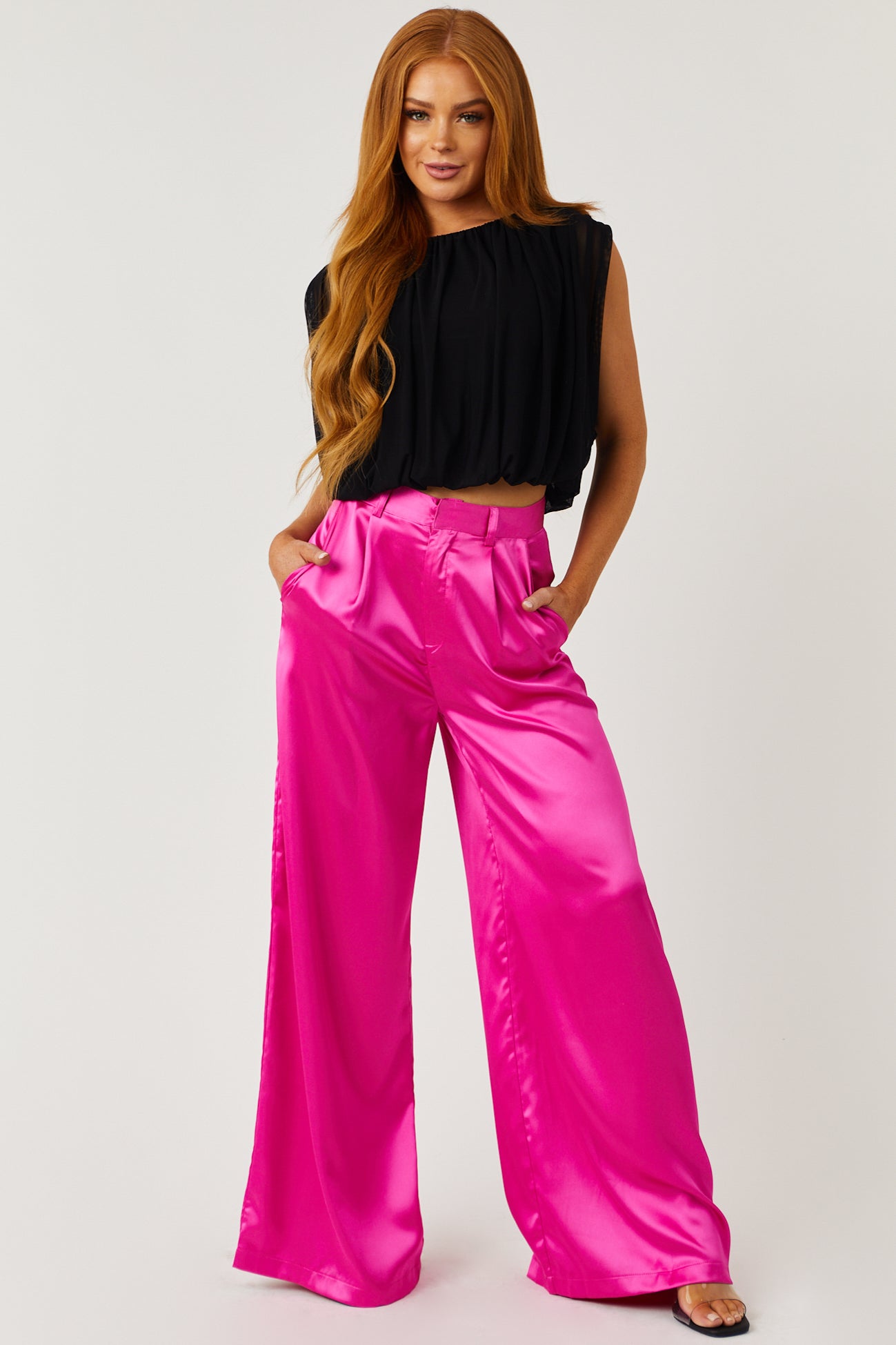 Magenta High Rise Wide Leg Satin Trousers | Lime Lush