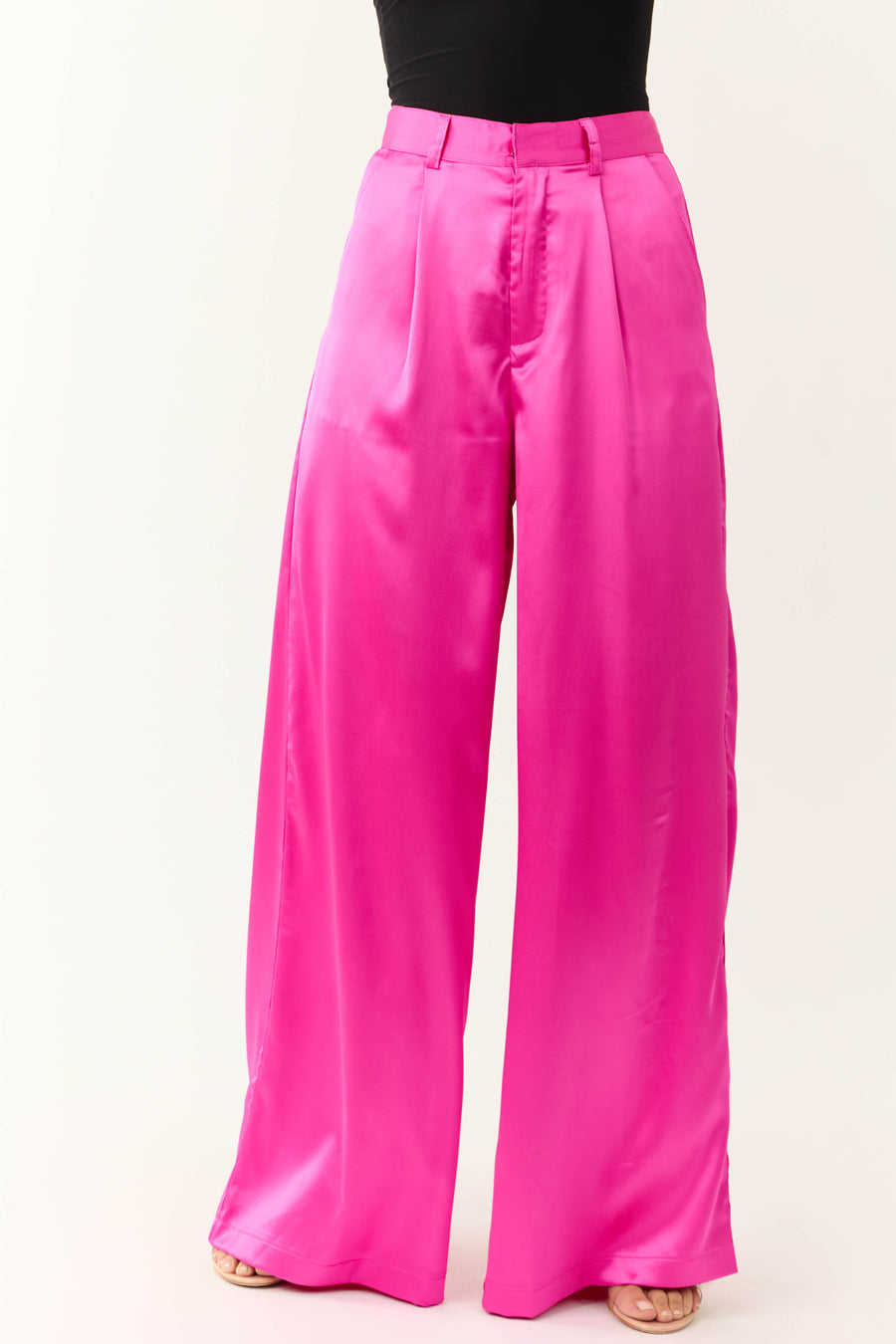 Magenta High Rise Wide Leg Satin Trousers