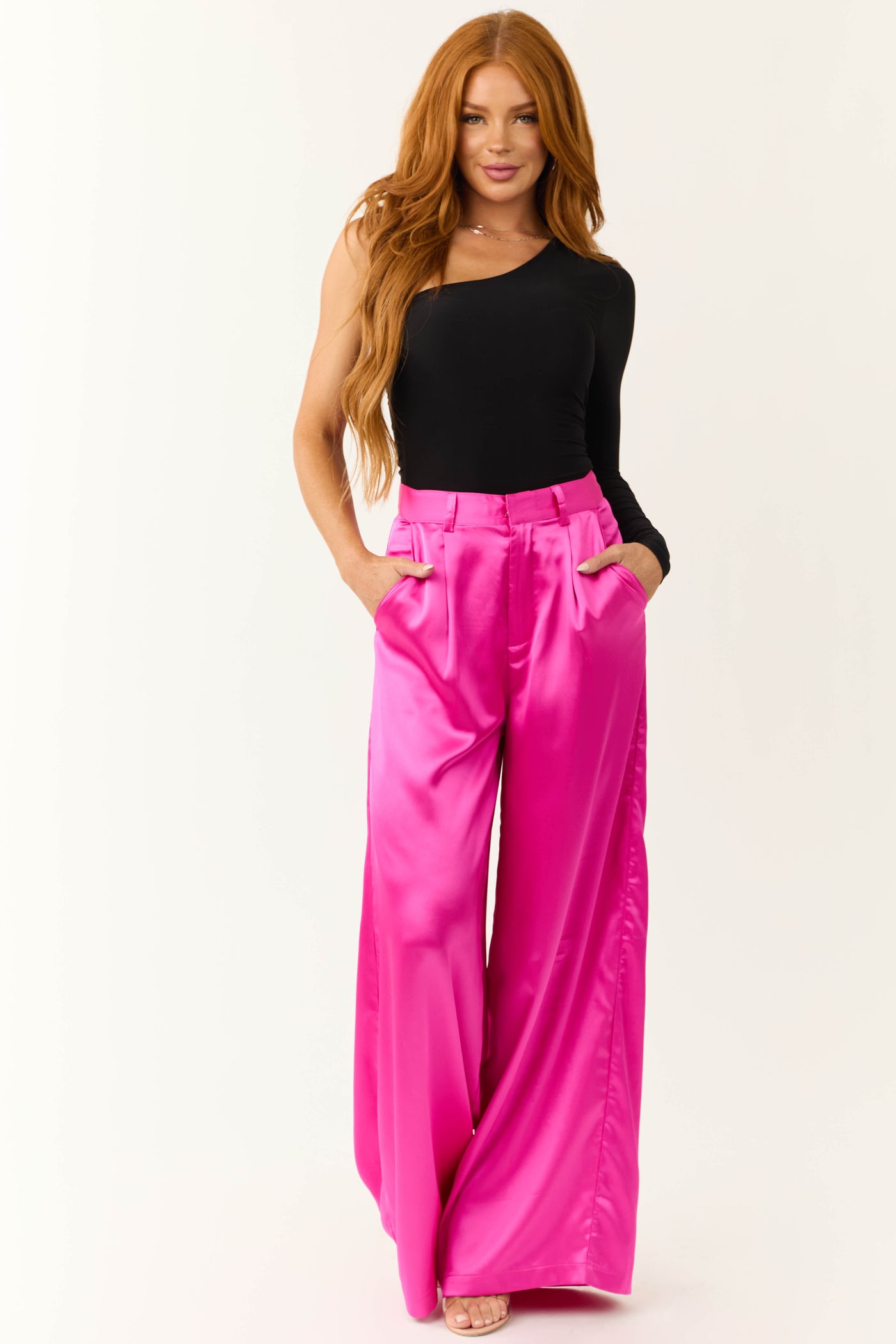 Magenta High Rise Wide Leg Satin Trousers