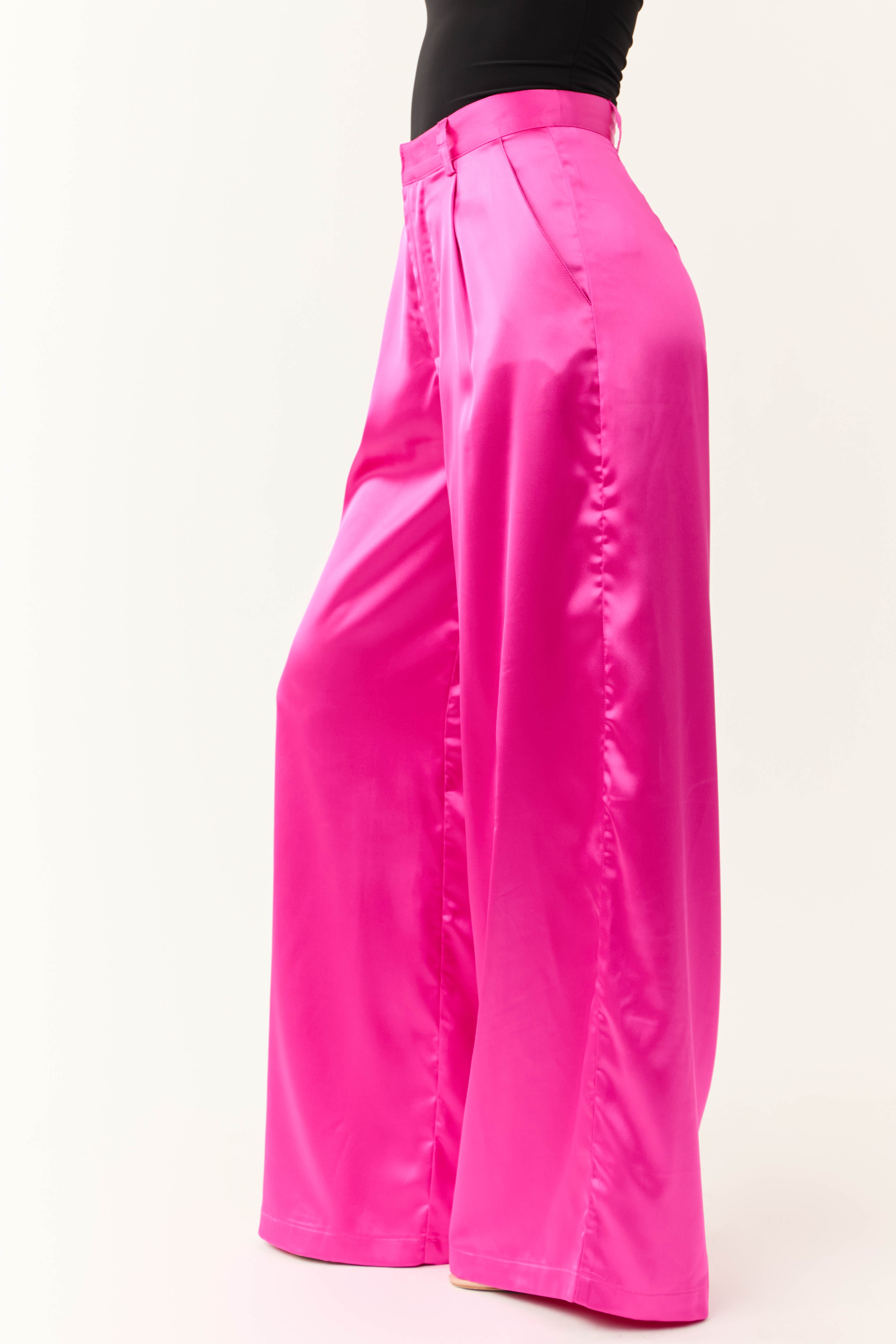 Magenta High Rise Wide Leg Satin Trousers