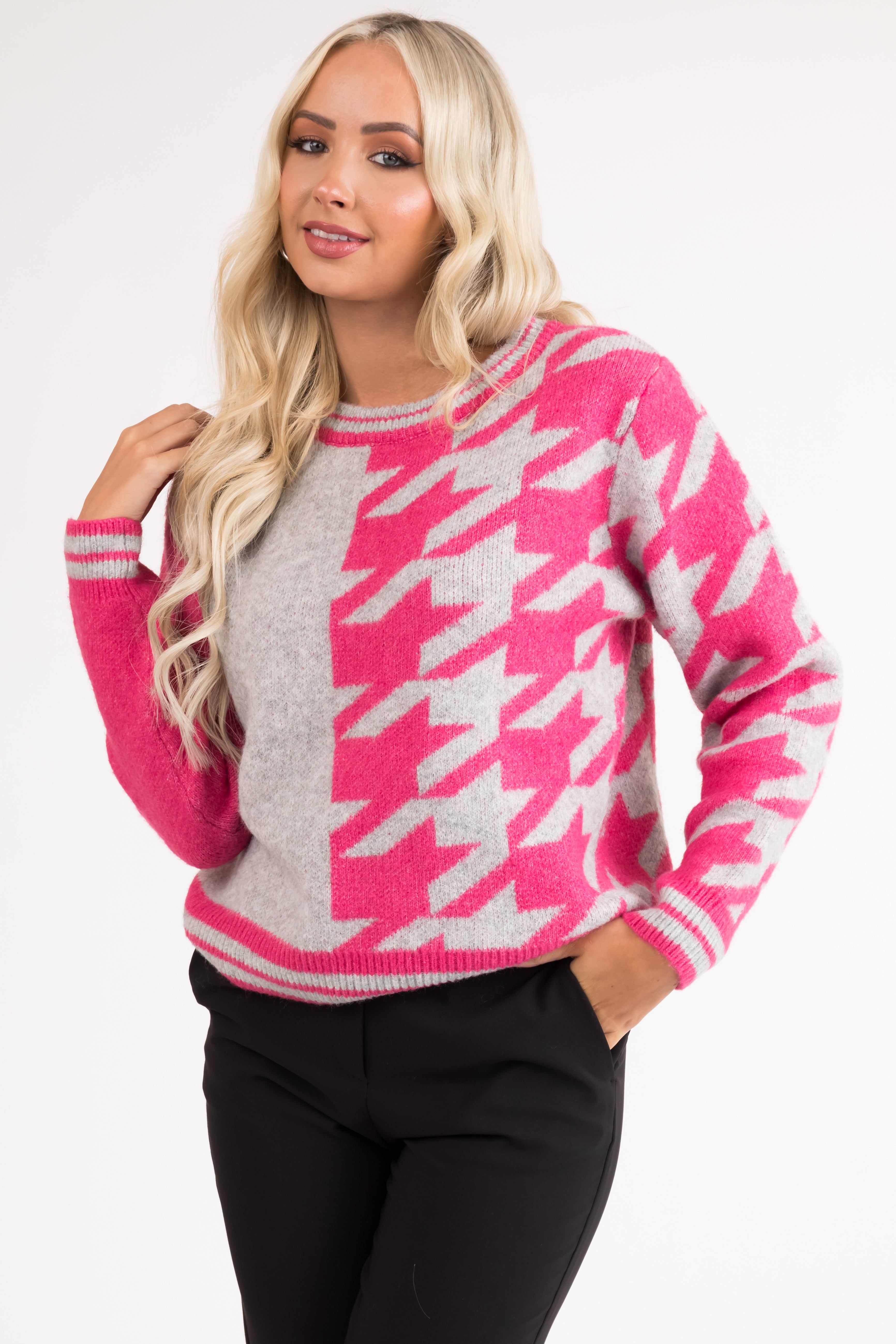 Magenta Houndstooth Colorblock Knit Sweater